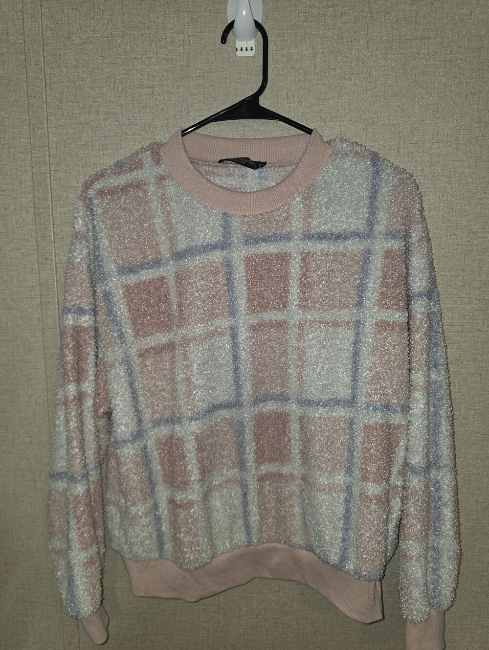 Cozy Plaid Crewneck Sweater in Soft Pink and Cream